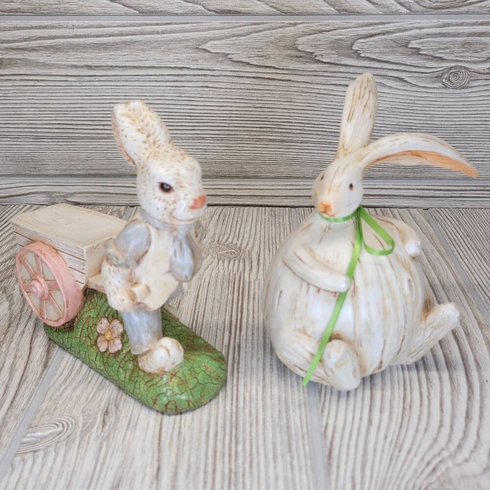 2 Bunnies Fat Big Belly Wood Look Rabbit Pulling Cart Easter Decor Cottage Core